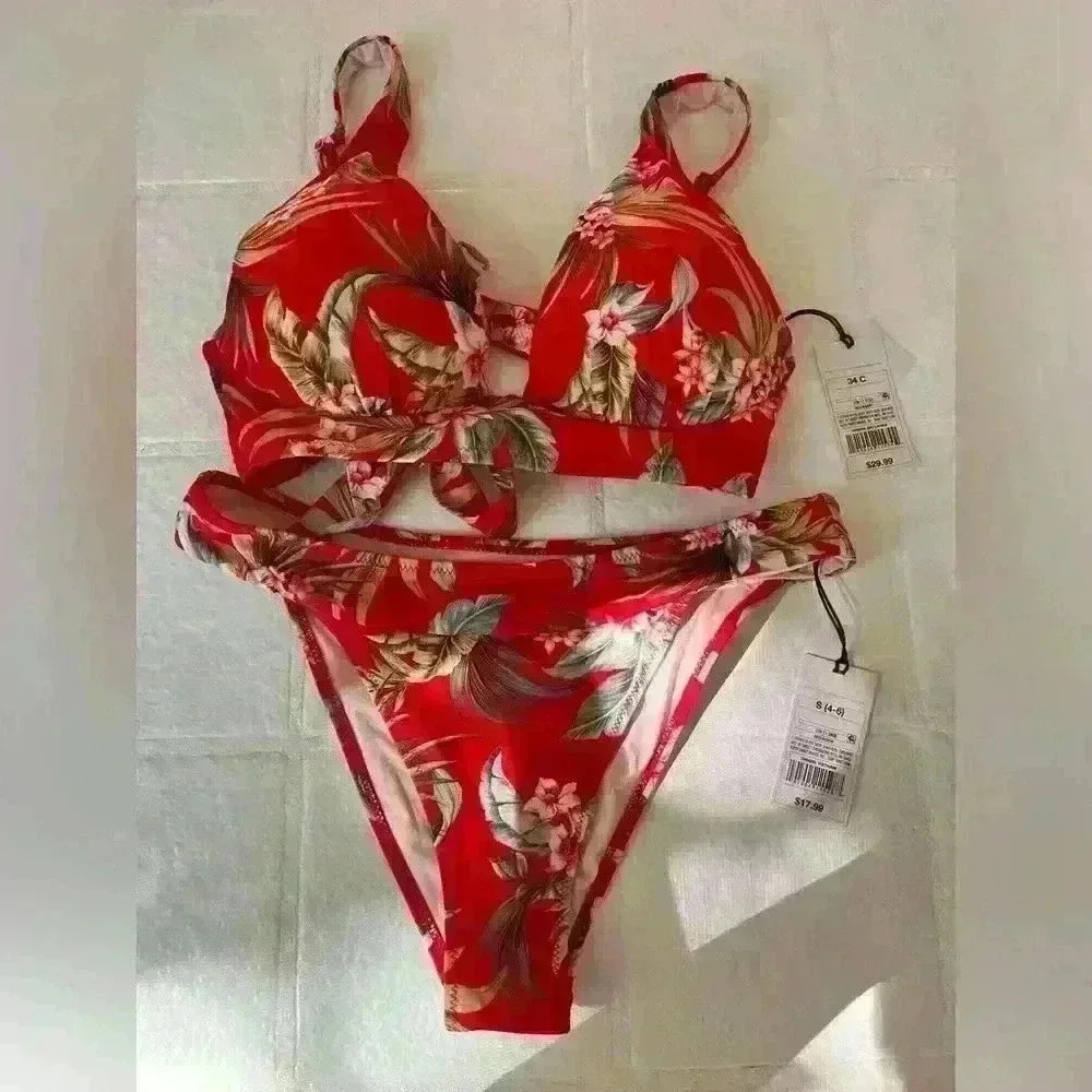 Bikini, 34C top, S bottom, tropical print, shade & shore brand, NWT, vacation!